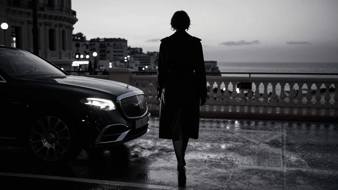 A silhouette of a woman walking away from a car in Monaco, elegant and discreet.