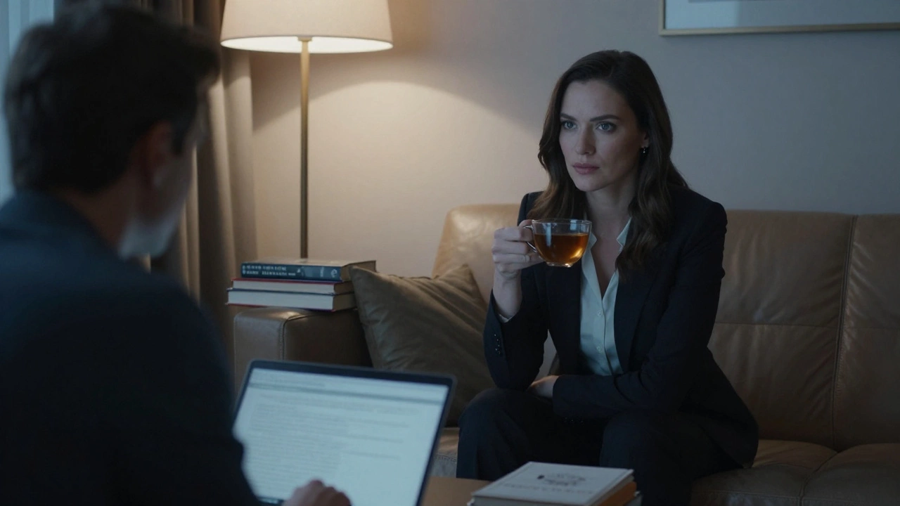 A woman listening intently in a softly lit London apartment, calm and present.